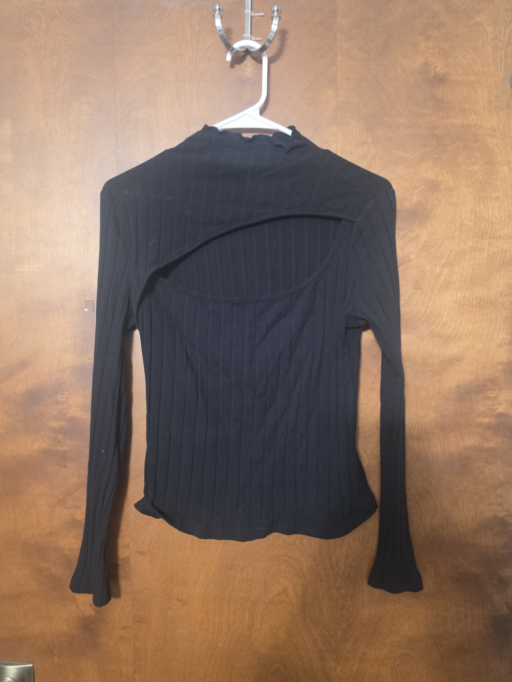 SHEIN Black Ribbed Long Sleeve Top with Front Cutout